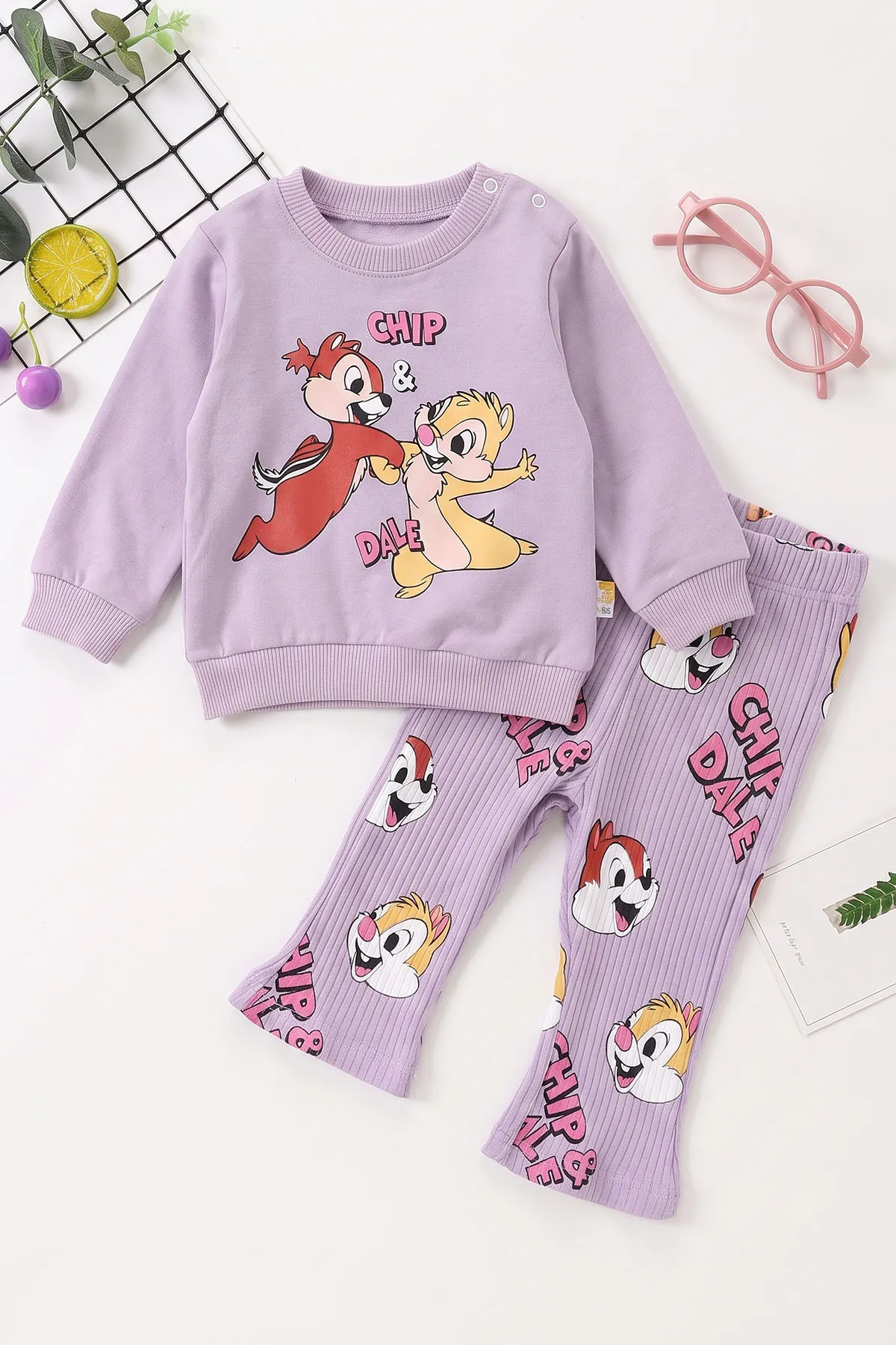 Lila (6-24 Ay) Sincap Baskılı Sweat ve Fitilli İspanyol Paça  Taytlı   Kız Bebek 2'li  Takım 472656