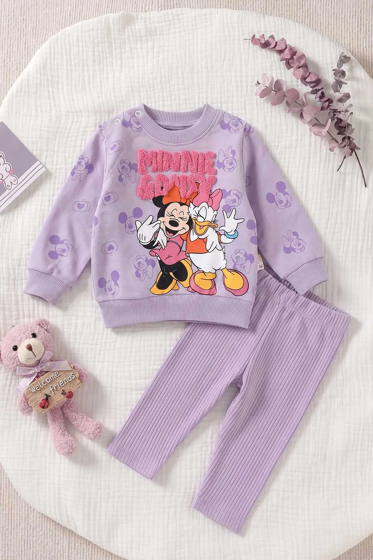 Lila (6-24 Ay) Süzene Karakter Nakışlı  Sweat ve Fitilli   Taytlı   Kız Bebek 2'li  Takım 472660