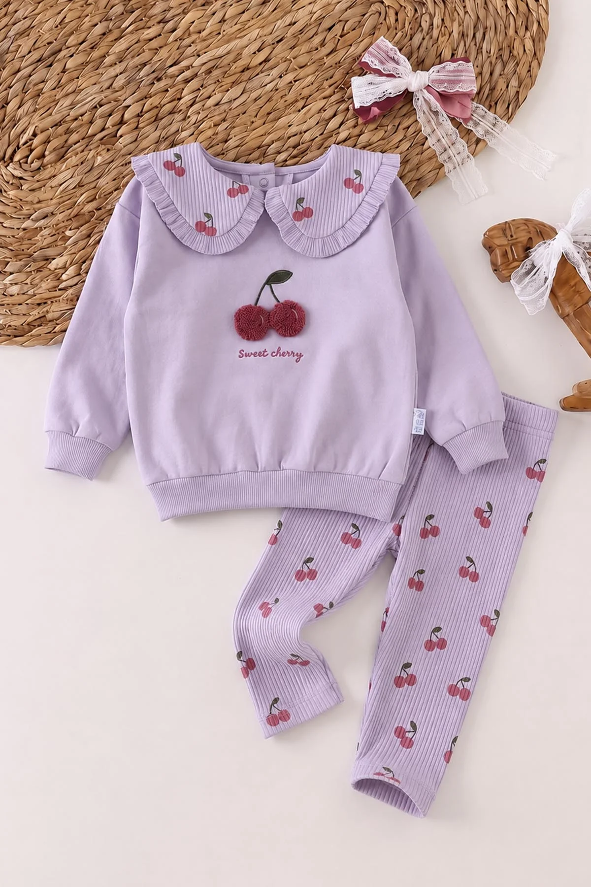 Lila (6-24 Ay) Vişne Yakalı Kiraz Nakışlı   Fitilli Taytlı Kız Bebek Takım 478676