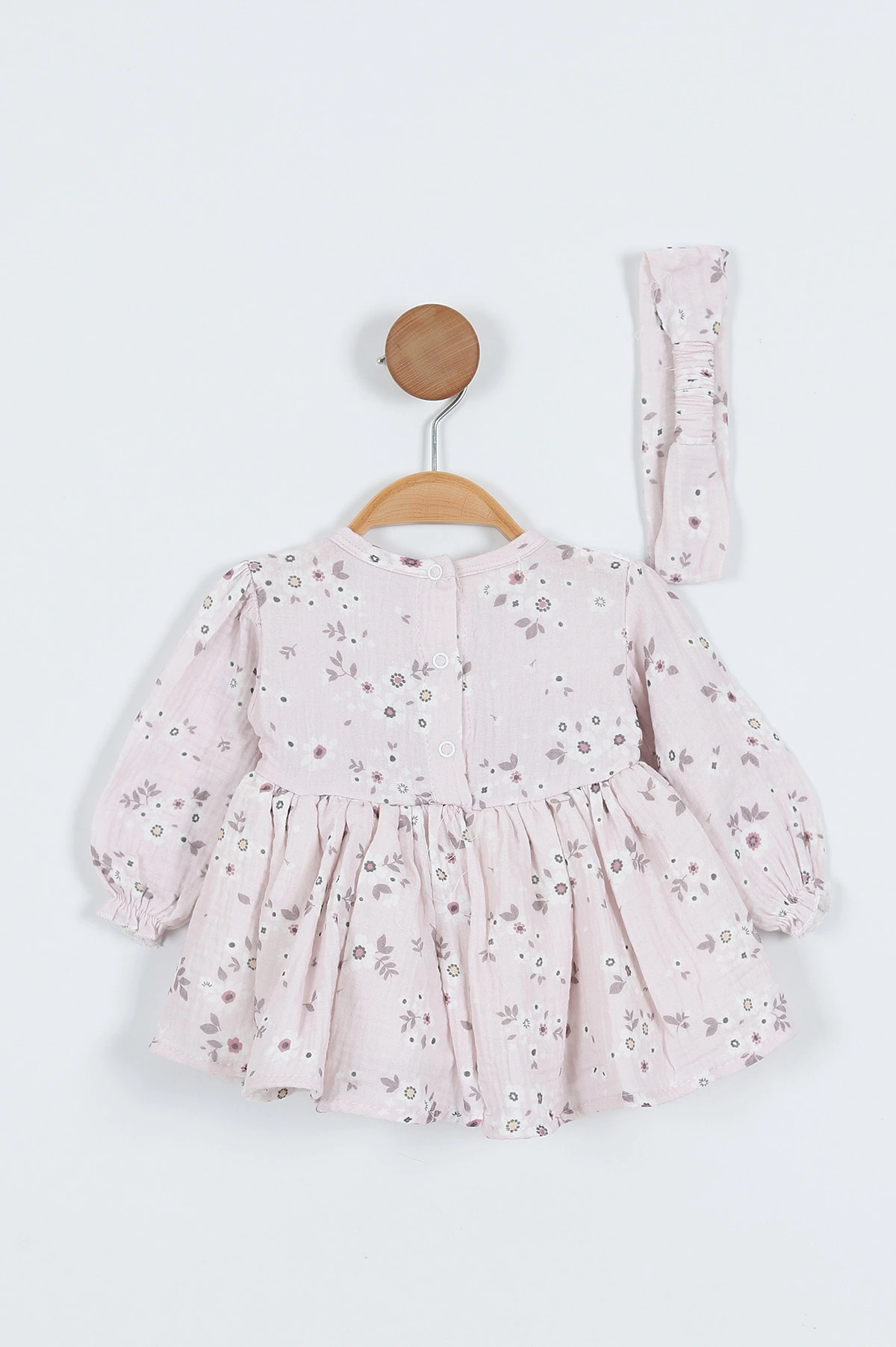 Lila (6-24 Ay) Yaka Fistolu Minik Çiçekli   Bandanalı Müslin Kız Bebek Elbise 340699