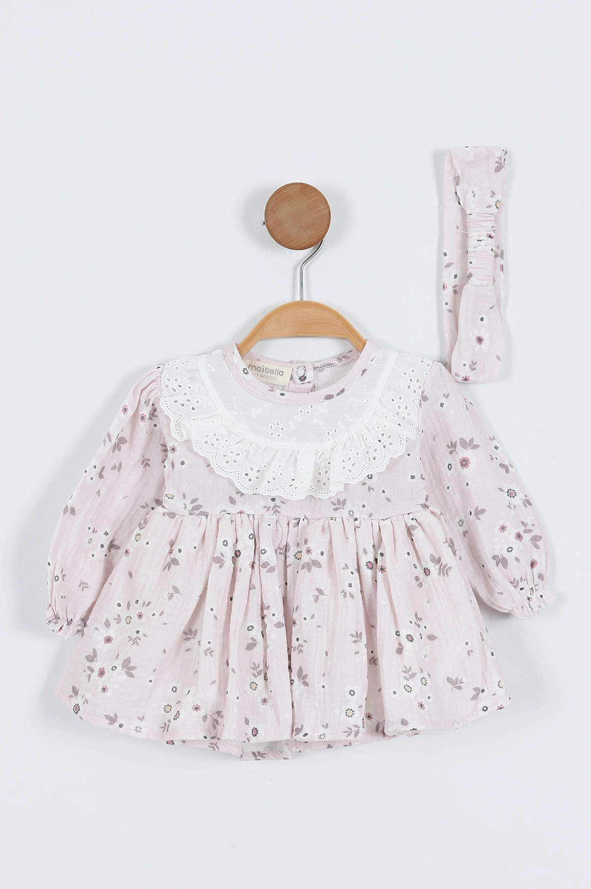 Lila (6-24 Ay) Yaka Fistolu Minik Çiçekli   Bandanalı Müslin Kız Bebek Elbise 340699