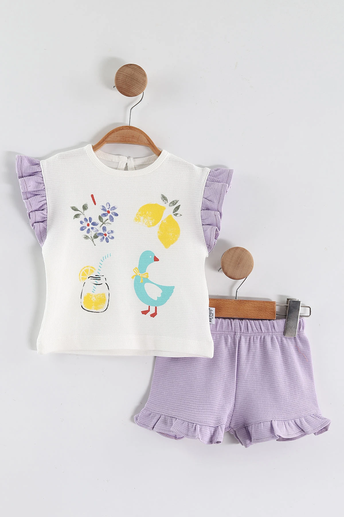 Lila (6-24 Ay)Baskılı Koldan Fırfırlı Waffle  Kız Bebek  Yazlık Takım 440527