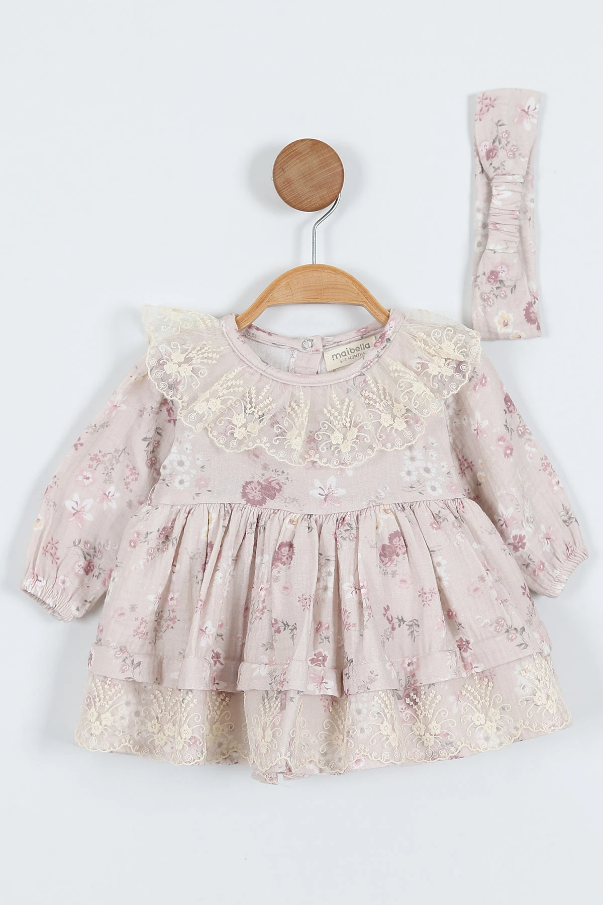 Lila (6-24 Ay)Dantel Yaka Çiçek Desenli  Bandanalı Müslin Kız Bebek Elbise 340695
