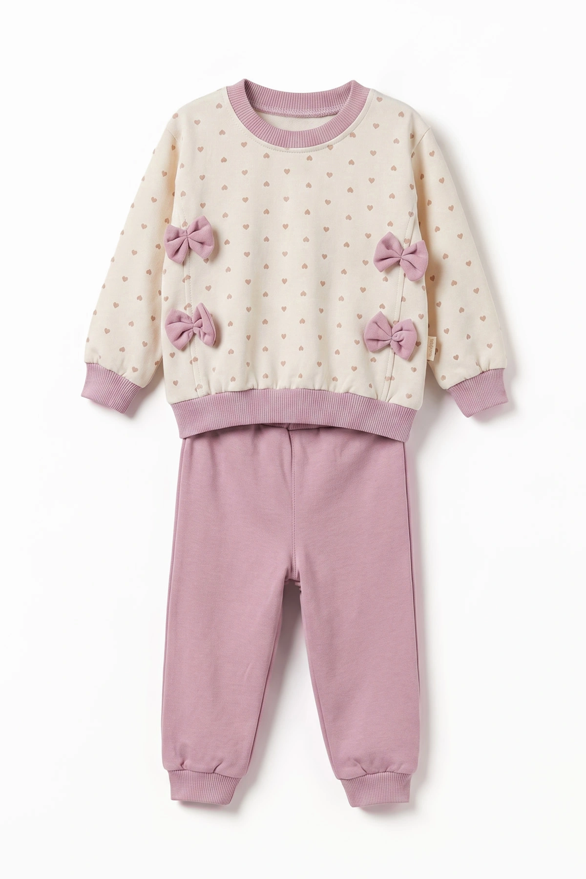 Lila (6-9 Ay) Fiyonklu Kalp Baskılı 2'li Kız Bebek Takım 475981