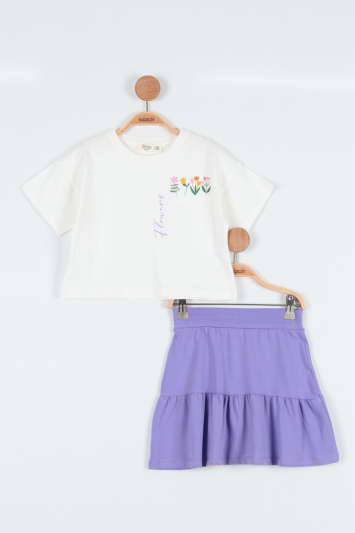 Lila (6-9 Yaş) Çiçek Baskılı Jakarlı Cep Etekli Kız Çocuk Takım 189893