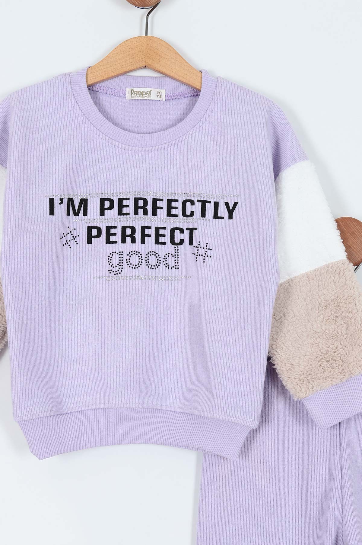 Lila (6-9 Yaş) Perfect Baskılı Taş İşlemeli Welsoft Kol Detaylı Selanik Kumaş Kız Çocuk Takım 210013