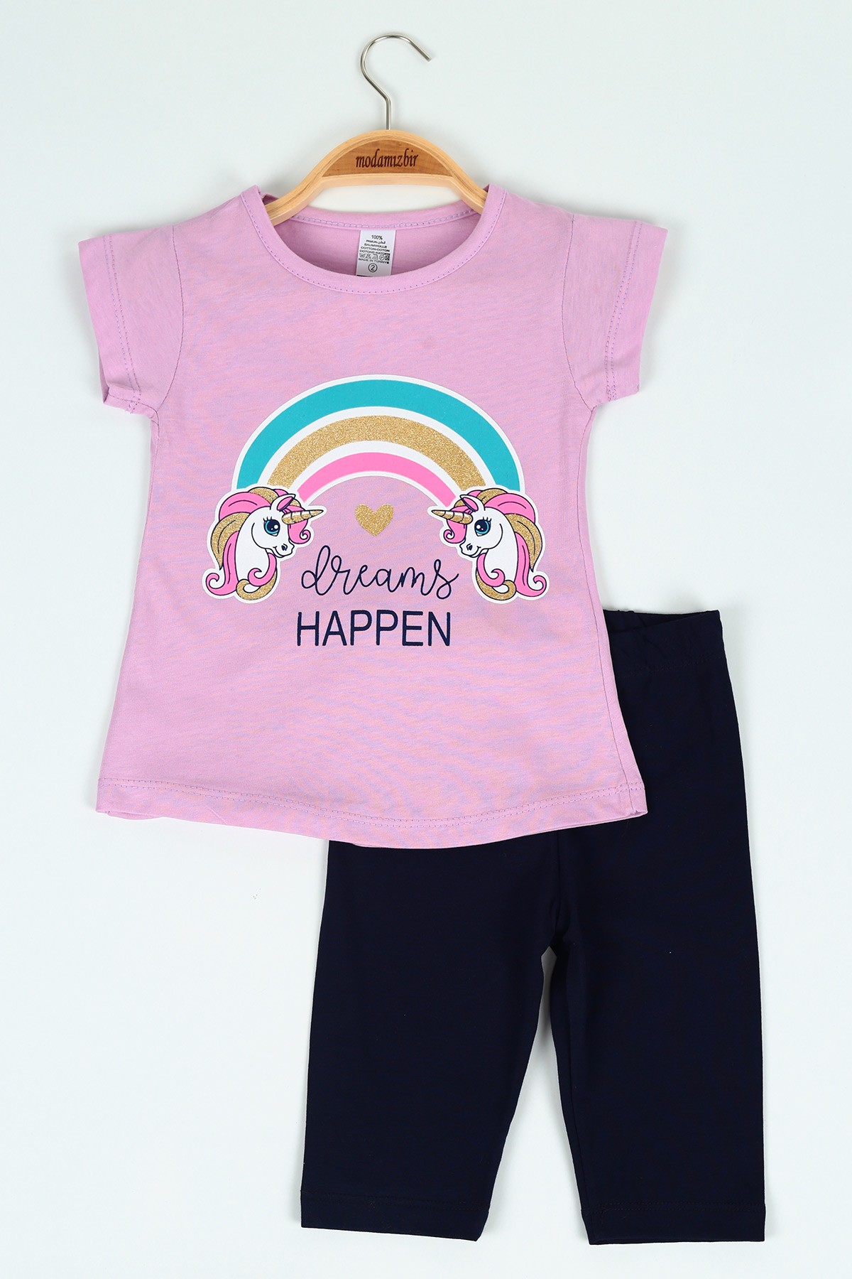 Lila (6-9 yaş) Simli Unicorn Baskılı Kız Çocuk Takım 117708
