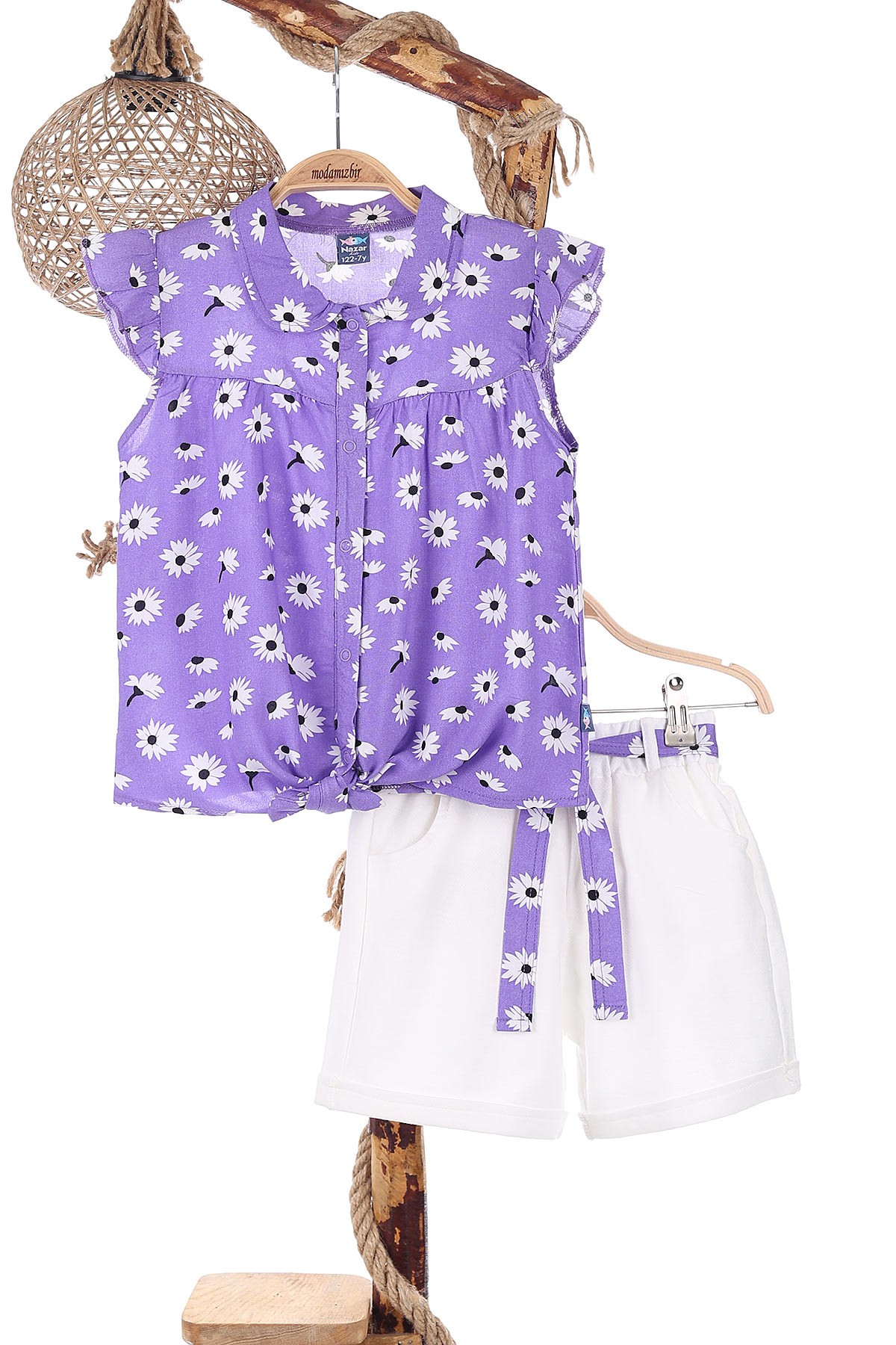 Lila (7-10 Yaş) Çiçek Baskılı Çıtçıtlı Şortlu Kız Çocuk Takım 166419
