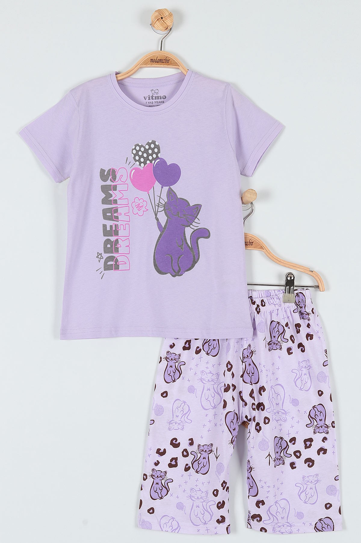 Lila (7-9 Yaş) Kedi Balonlu Baskılı Kaprili KIz Çocuk Pijama Takımı 182012