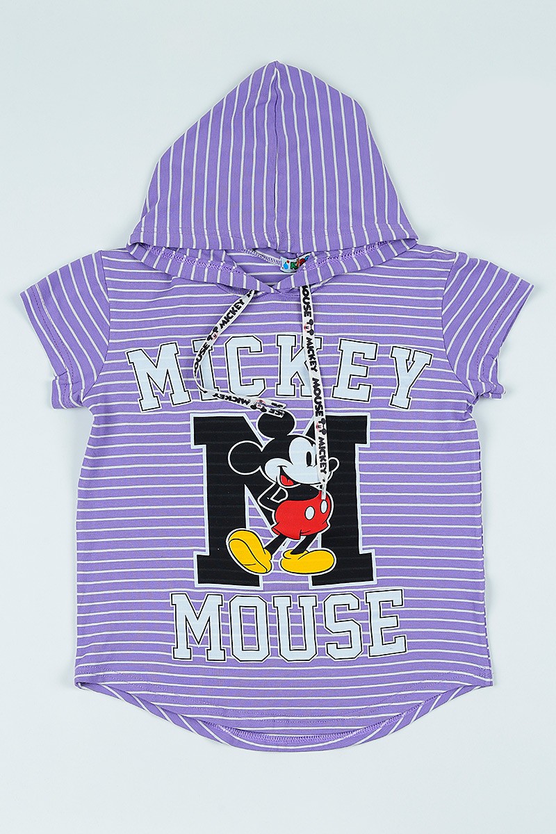 Lila (9-12 yaş) Kapşonlu Mickey Mouse Baskılı Kız Çocuk Tişört 105688