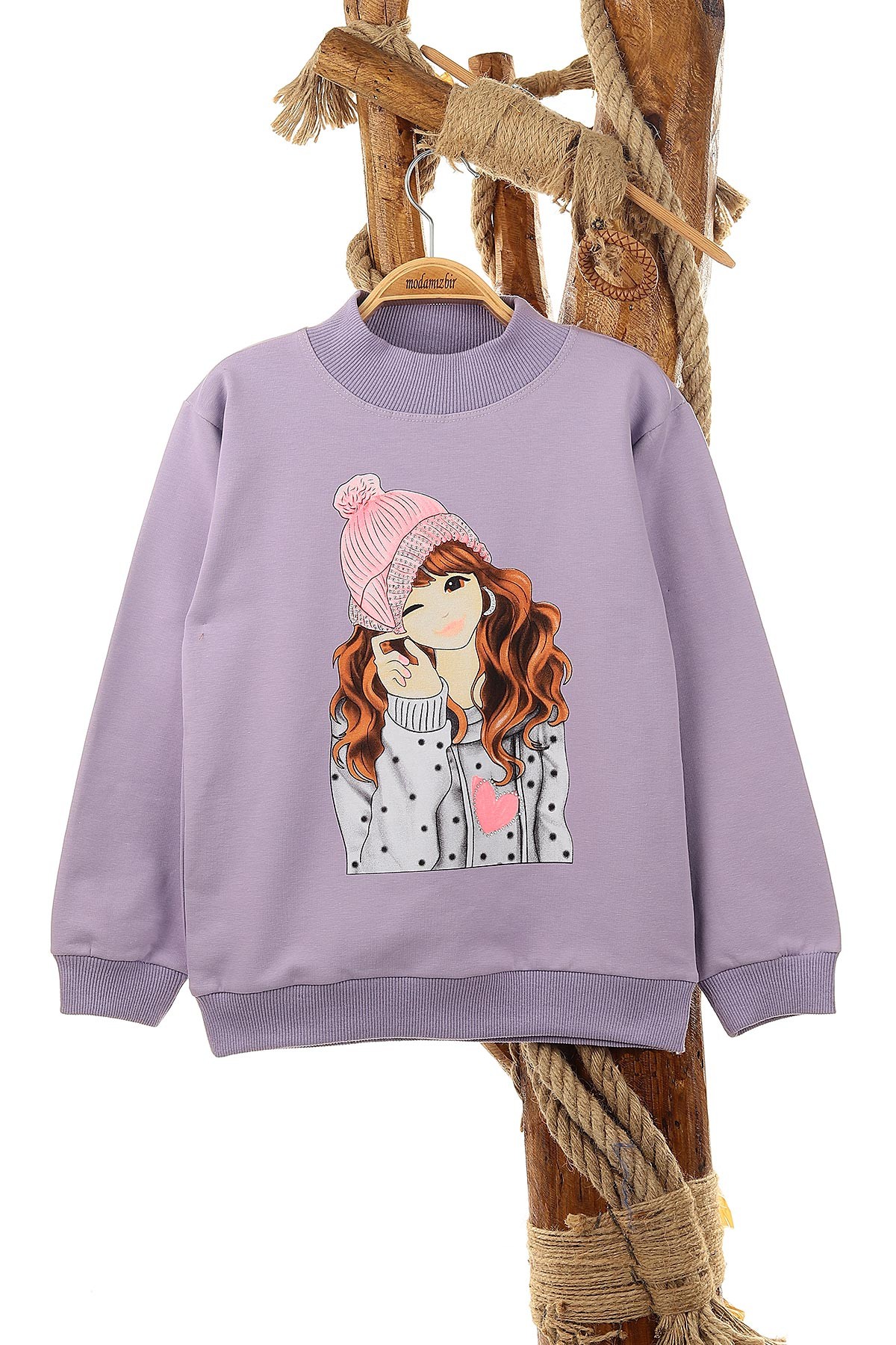Lila (9-12 Yaş) Küpeli Kız Baskılı  İki İp Şardonlu Kız Çocuk Sweat 149075
