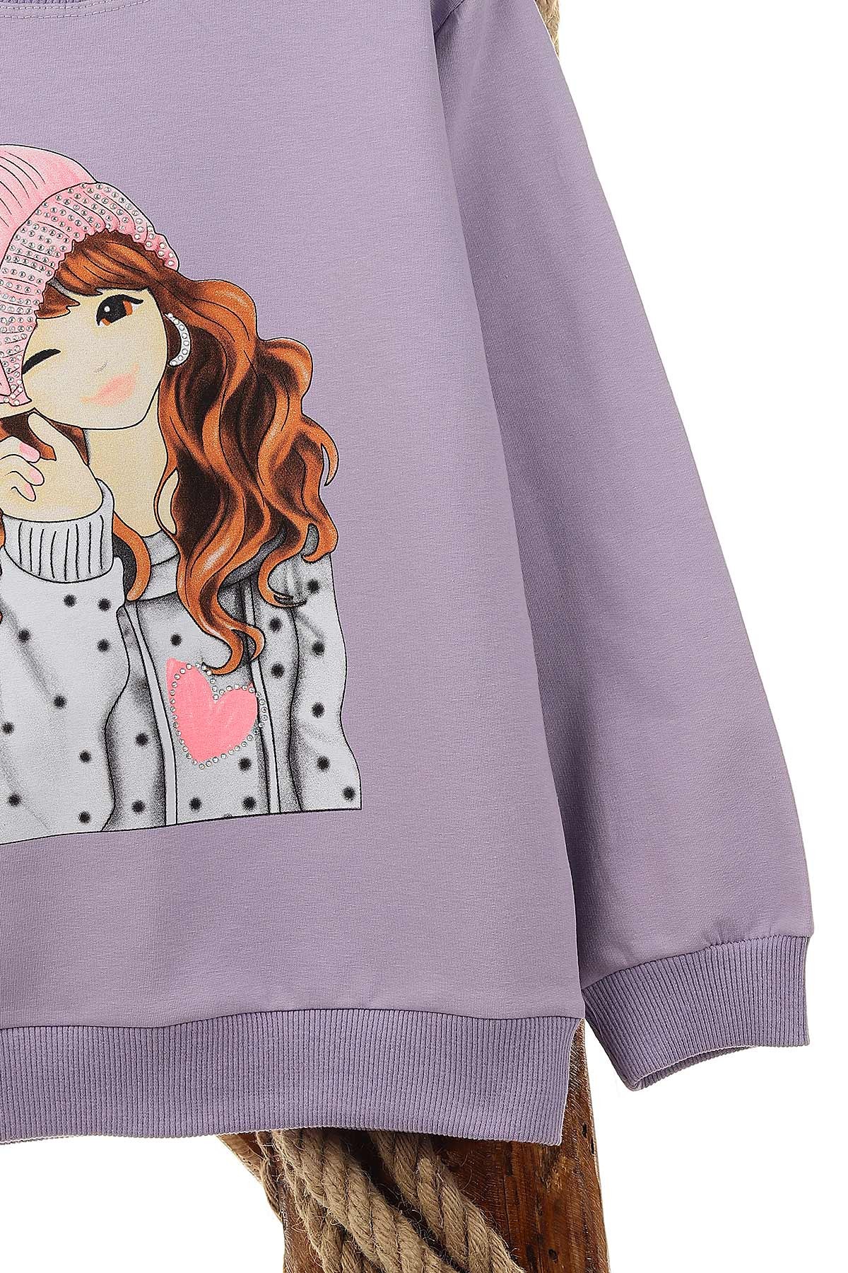 Lila (9-12 Yaş) Küpeli Kız Baskılı  İki İp Şardonlu Kız Çocuk Sweat 149075