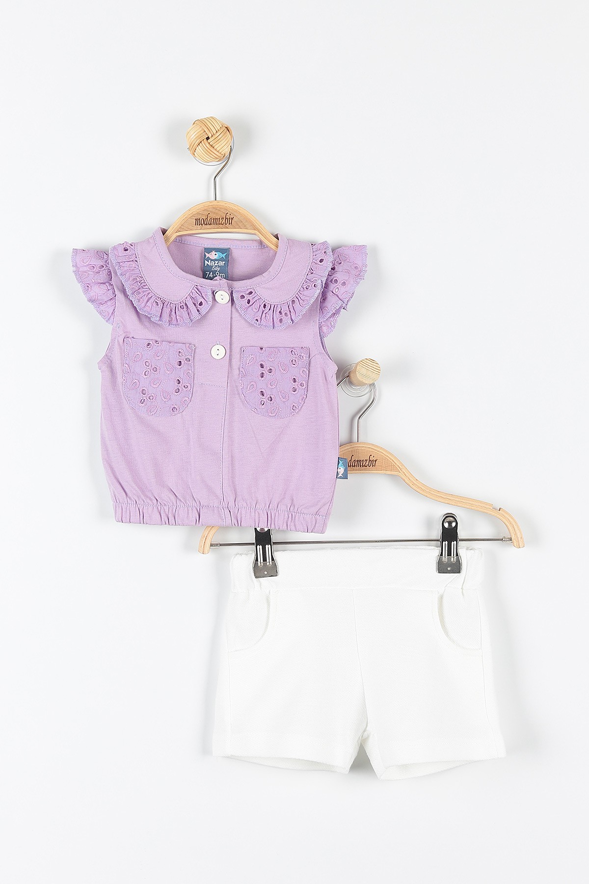 Lila (9-24 Ay) Çiçek Dokuma Desenli Cep Detaylı Şortlu Kız Bebe Takım 175946