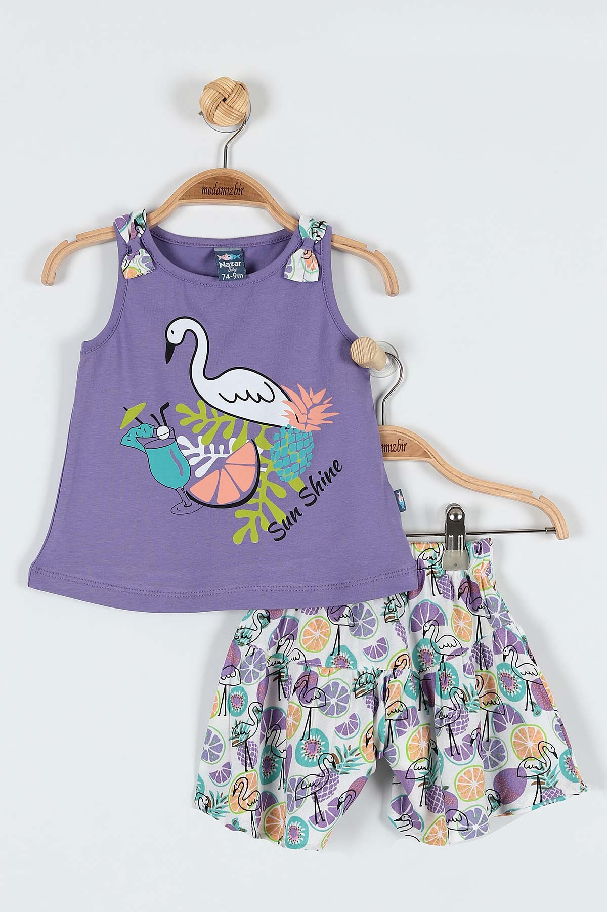 Lila (9-24 Ay) Flamingo Çiçek Baskılı Omuz Fiyonk Detaylı Şortlu Kız Bebe Takım 182602