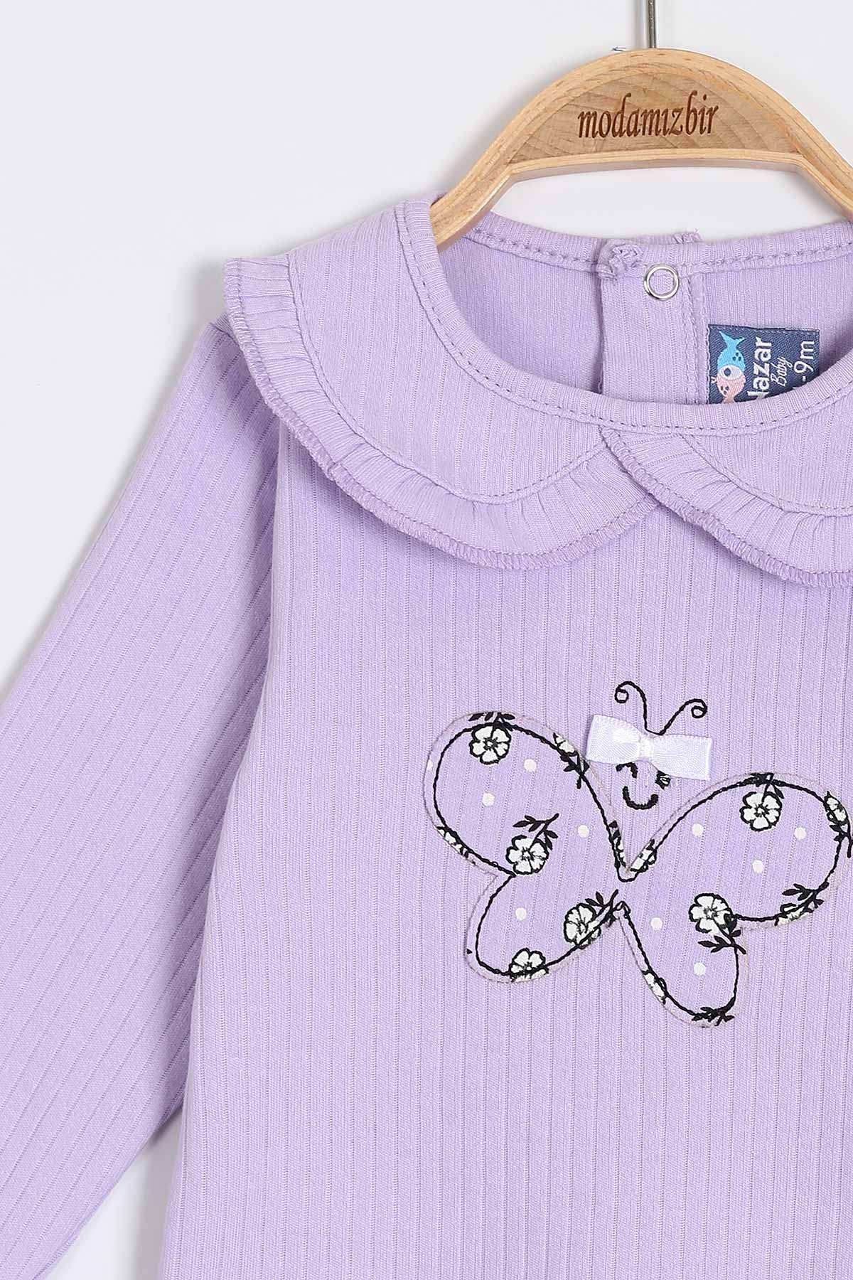 Lila (9-24 Ay) Kelebek Nakışlı Yaka Detaylı Kız Bebe Takım 200393