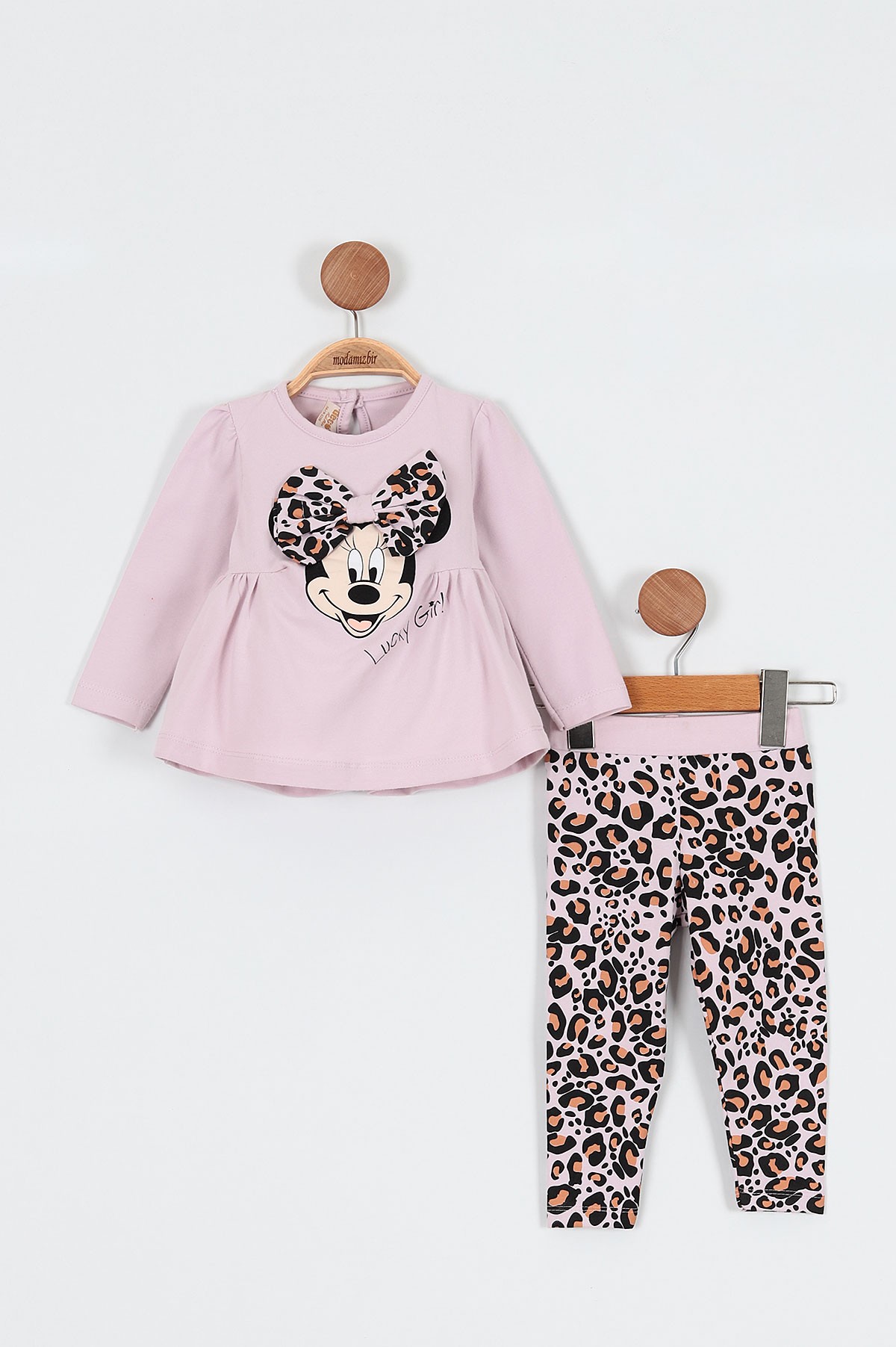 Lila (9-36 Ay) Fiyonk Motifli Fare Baskılı Leoparlı Kız Bebe Takım 198434