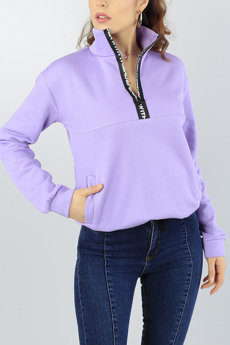 Lila Balıkçı Yaka Bayan Üç İp Sweat 51283