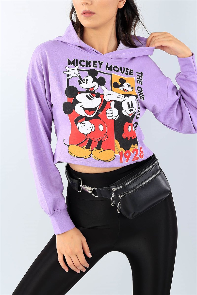 Lila Baskılı Bayan Crop Sweat 38973
