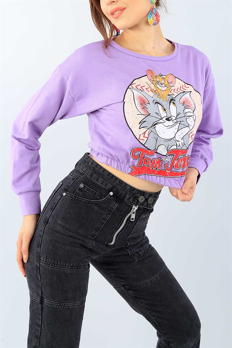 Lila Baskılı Bayan Crop Sweat 38976