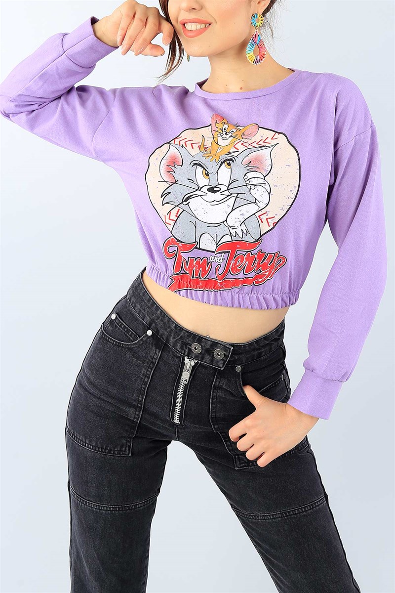 Lila Baskılı Bayan Crop Sweat 38976