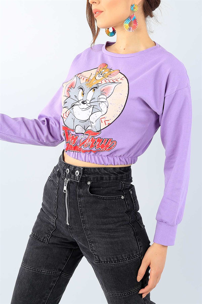 Lila Baskılı Bayan Crop Sweat 38976