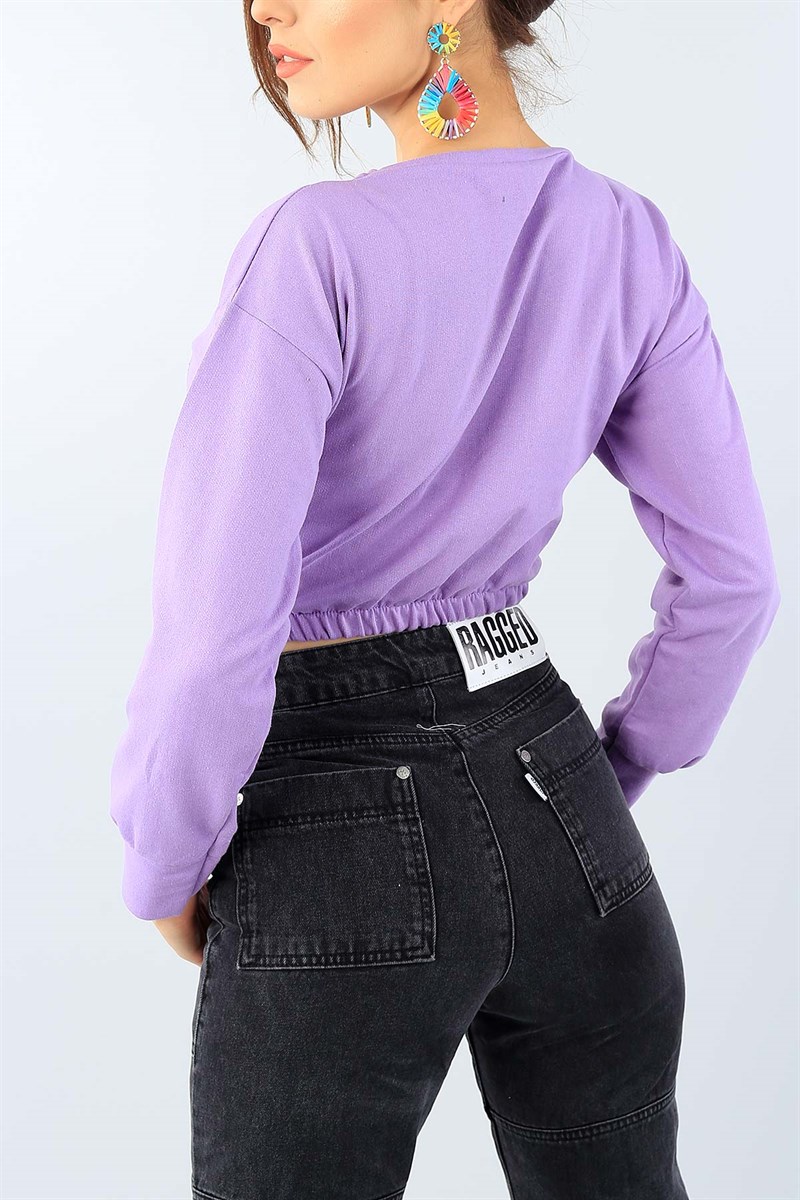 Lila Baskılı Bayan Crop Sweat 38976