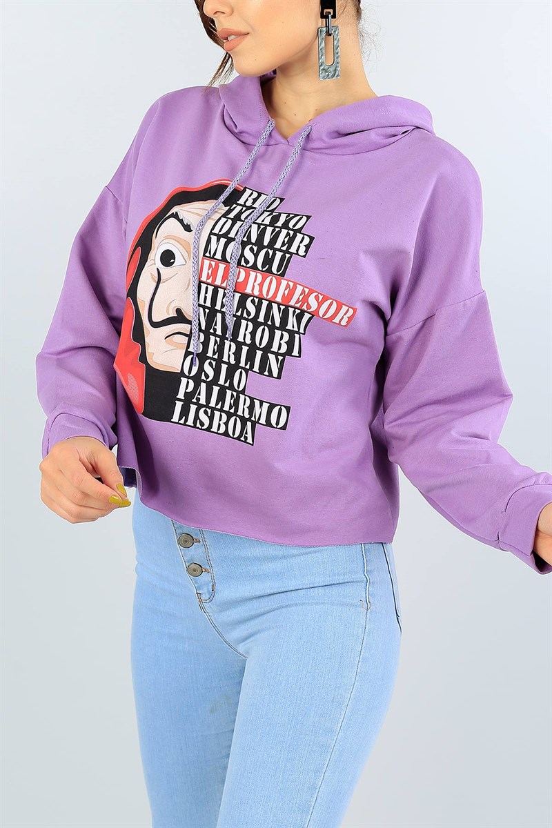 Lila Baskılı Bayan Kapüşonlu Sweat 39821