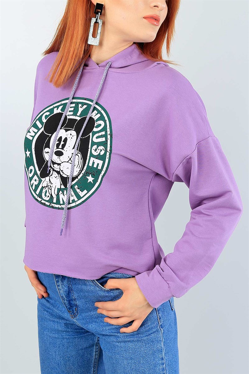 Lila Baskılı Bayan Kapüşonlu Sweat 39838