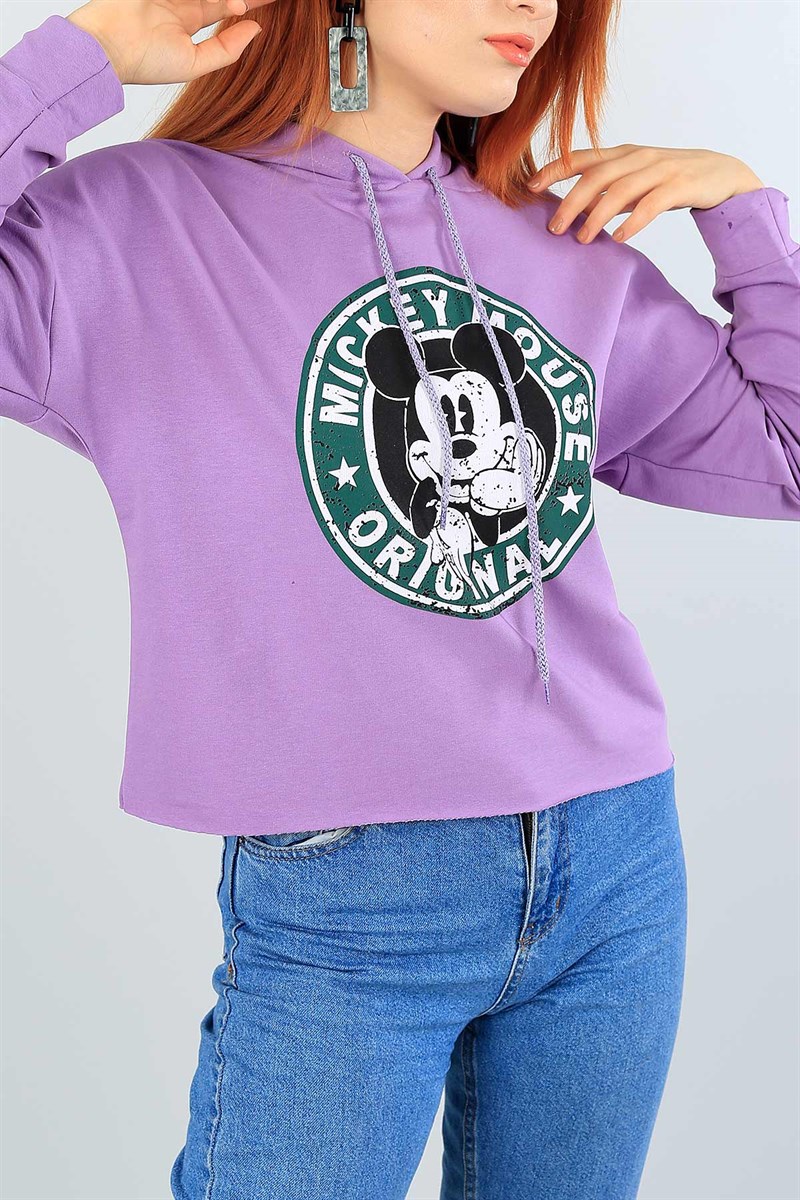 Lila Baskılı Bayan Kapüşonlu Sweat 39838