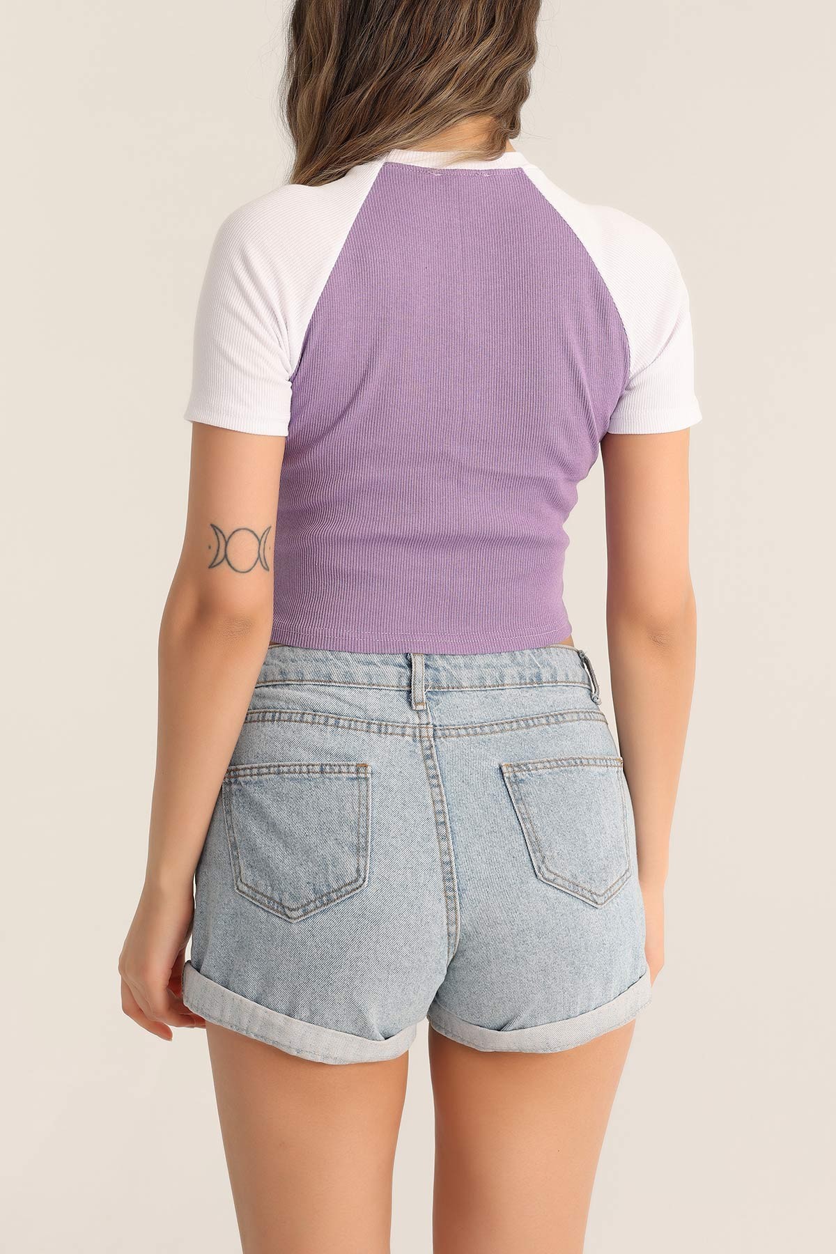 Lila Baskılı Fitilli Crop Tişört 173263