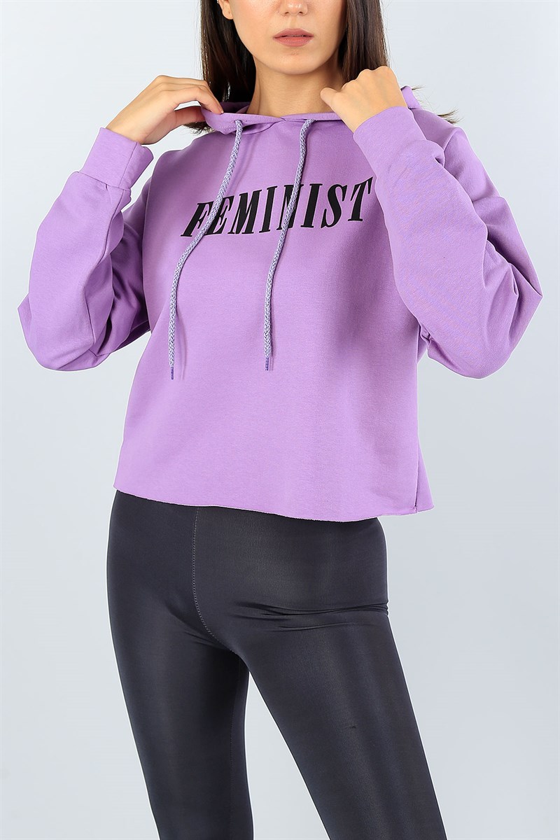 Lila Baskılı Kapüşonlu Crop Sweat 39995
