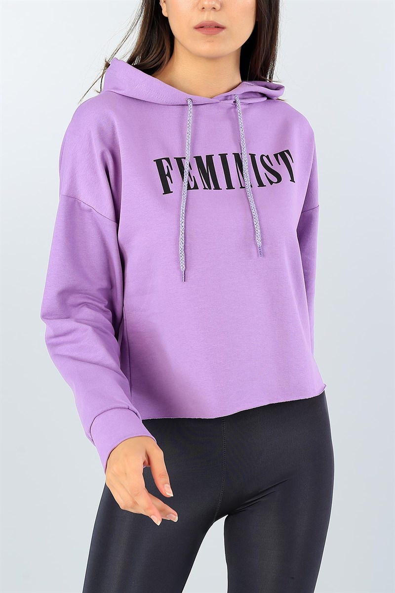 Lila Baskılı Kapüşonlu Crop Sweat 39995