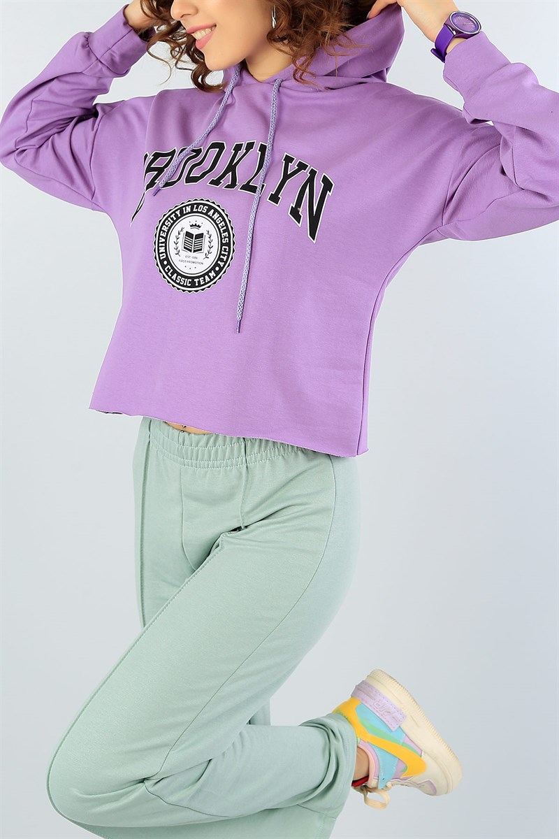 Lila Baskılı Kapüşonlu Crop Sweat 43966