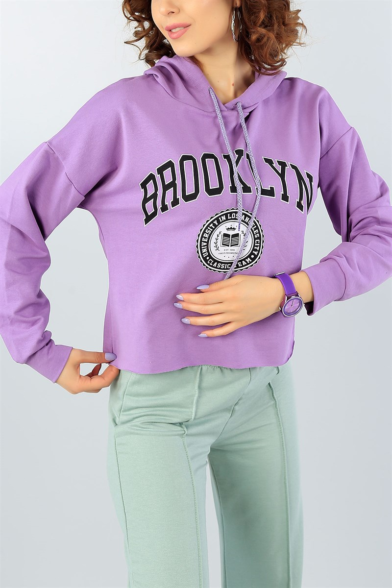 Lila Baskılı Kapüşonlu Crop Sweat 43966