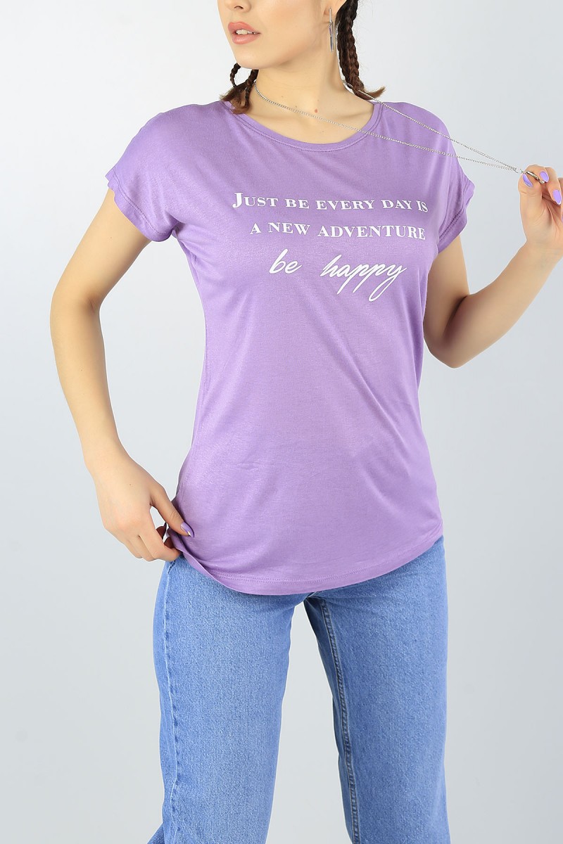 Lila Baskılı Likralı Bayan Tişört 55706