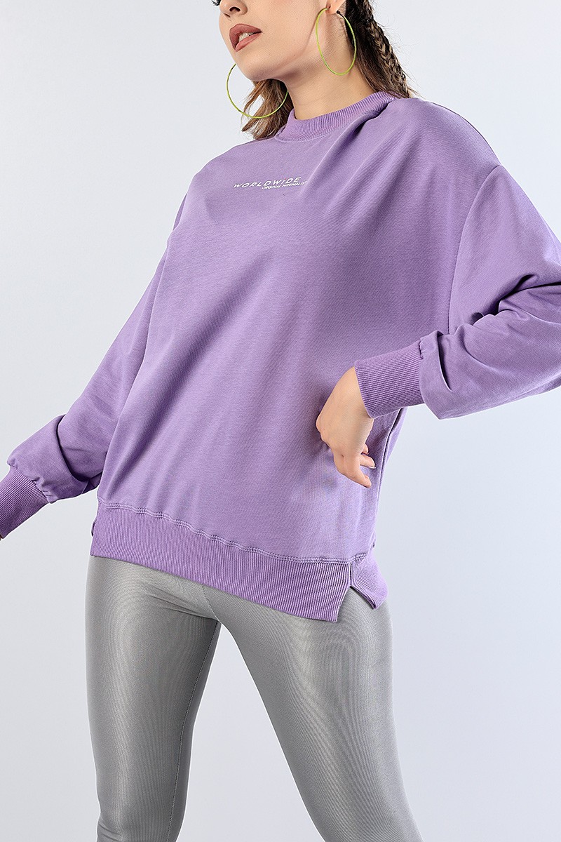 Lila Baskılı Ribana Yaka Bayan Sweat 81200