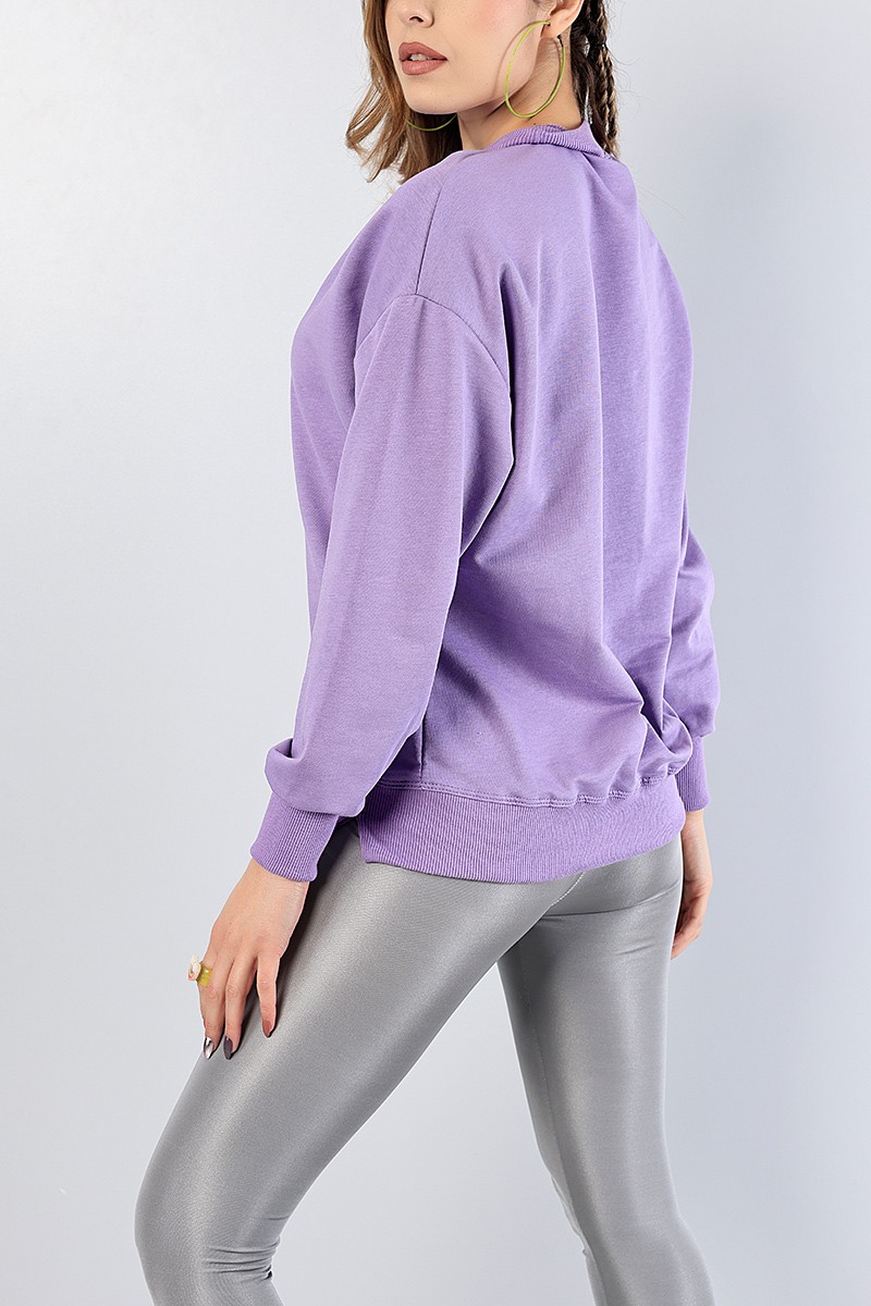 Lila Baskılı Ribana Yaka Bayan Sweat 81200