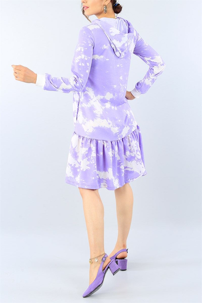 Lila Batik Yıkama Kapüşonlu Elbise 39687