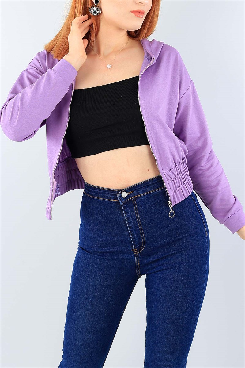 Lila Beli Lastikli Boydan Fermuarlı Bayan Sweat 39390