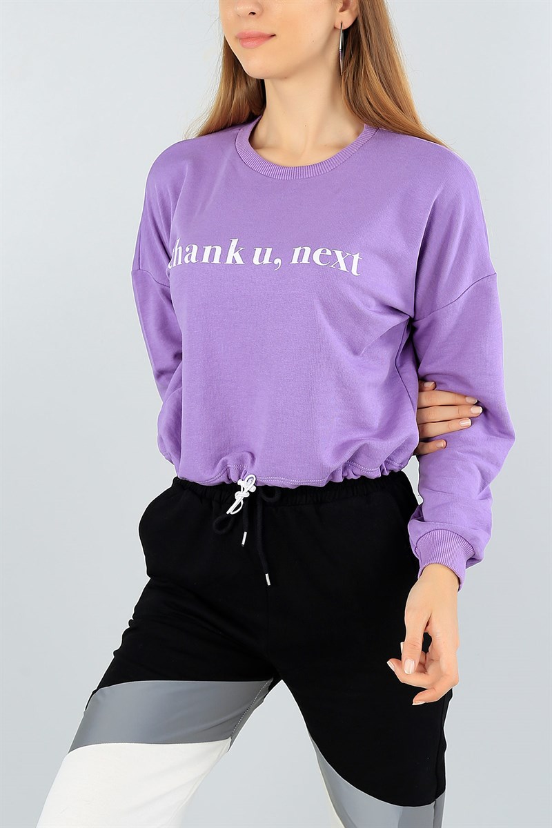 Lila Beli Sıkmalı Bayan Crop Sweat 46734