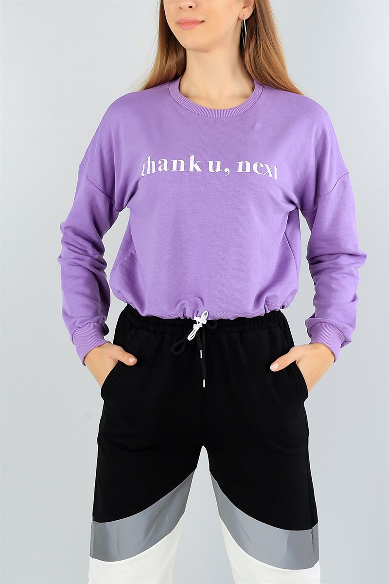Lila Beli Sıkmalı Bayan Crop Sweat 46734