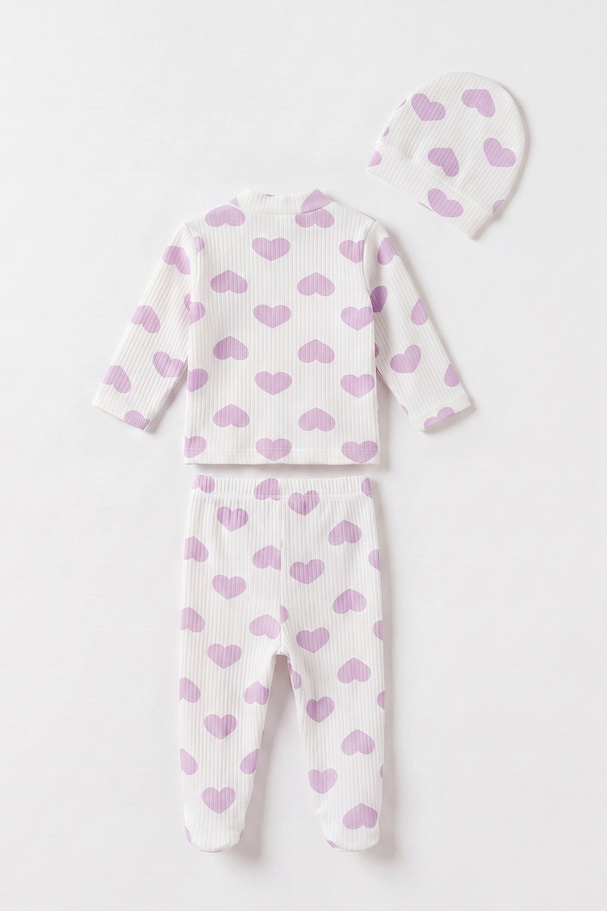 Lila Beyaz (0-3 Ay) Raporlu Kalp Desenli Şapkalı Kız Bebek 3'lü Zıbın Takım 477293