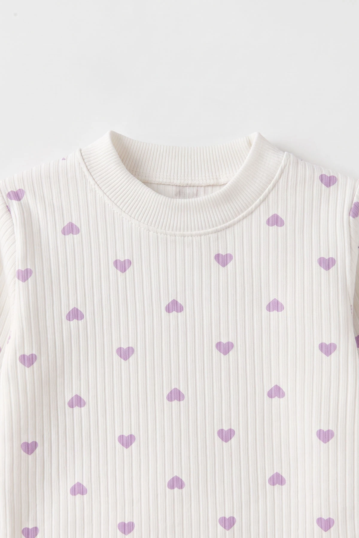 Lila Beyaz   (1-3 Yaş) Küçük Kalp Desenli  Raporlu Kız Çocuk Pijama Takım 477356
