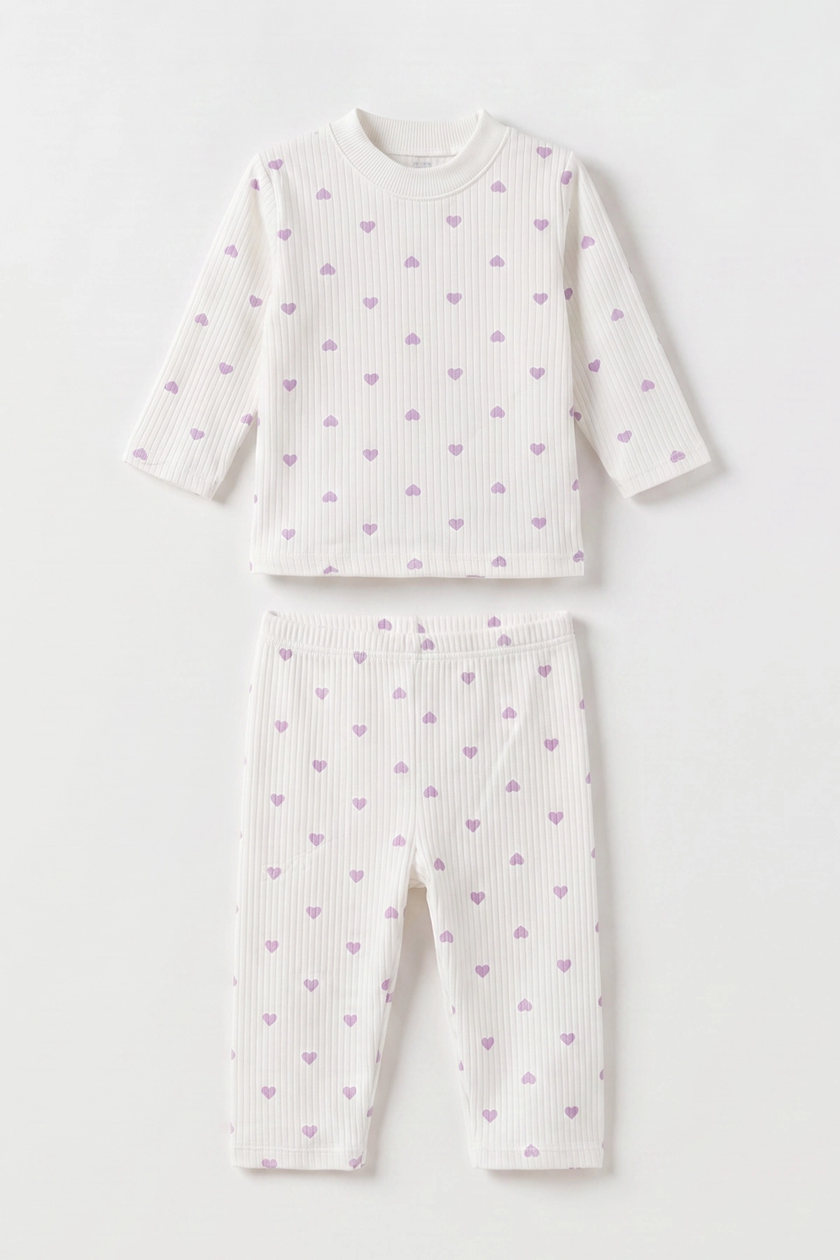 Lila Beyaz   (1-3 Yaş) Küçük Kalp Desenli  Raporlu Kız Çocuk Pijama Takım 477356