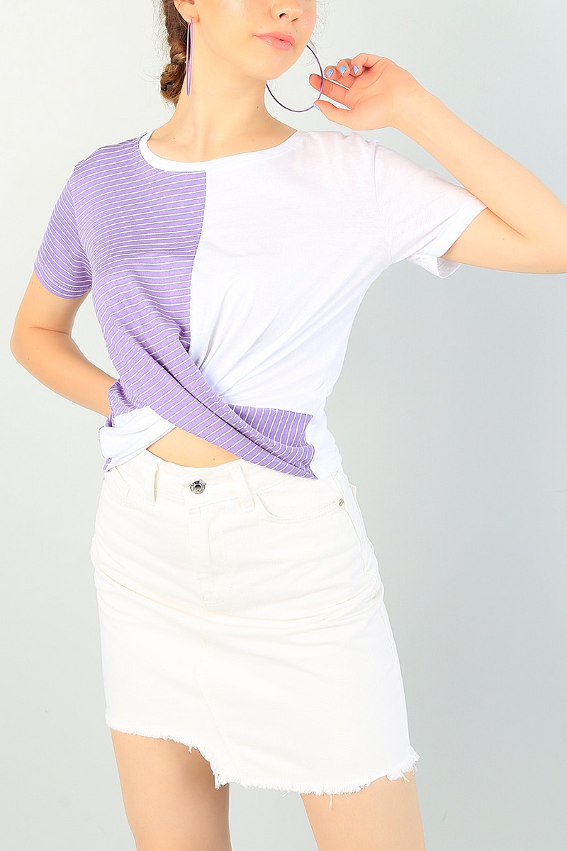 Lila Beyaz Çarpaz Tasarım Bluz 72246