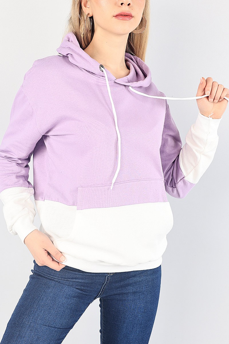 Lila Beyaz Kapüşonlu İçi Şardonlu Sweat 87762