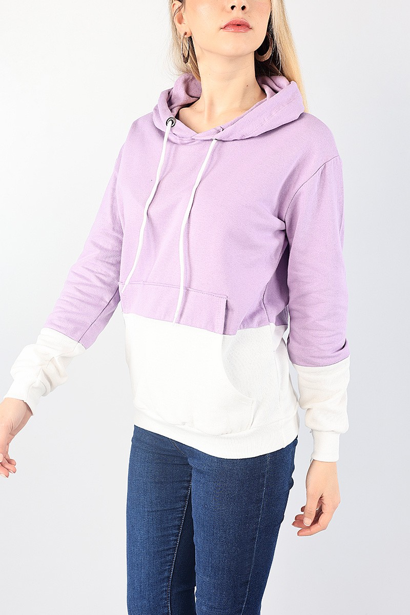 Lila Beyaz Kapüşonlu İçi Şardonlu Sweat 87762