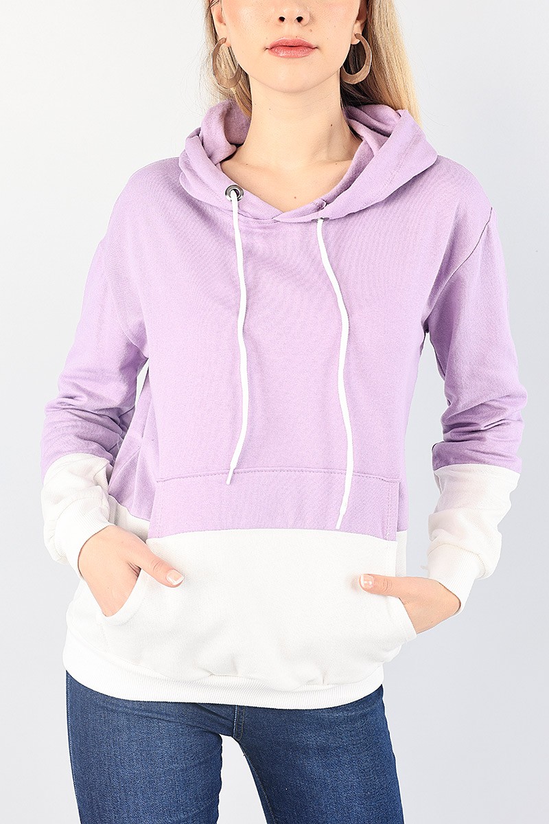 Lila Beyaz Kapüşonlu İçi Şardonlu Sweat 87762