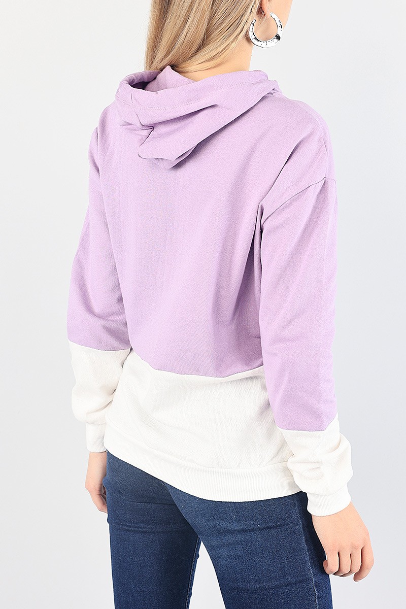 Lila Beyaz Kapüşonlu İçi Şardonlu Sweat 87762
