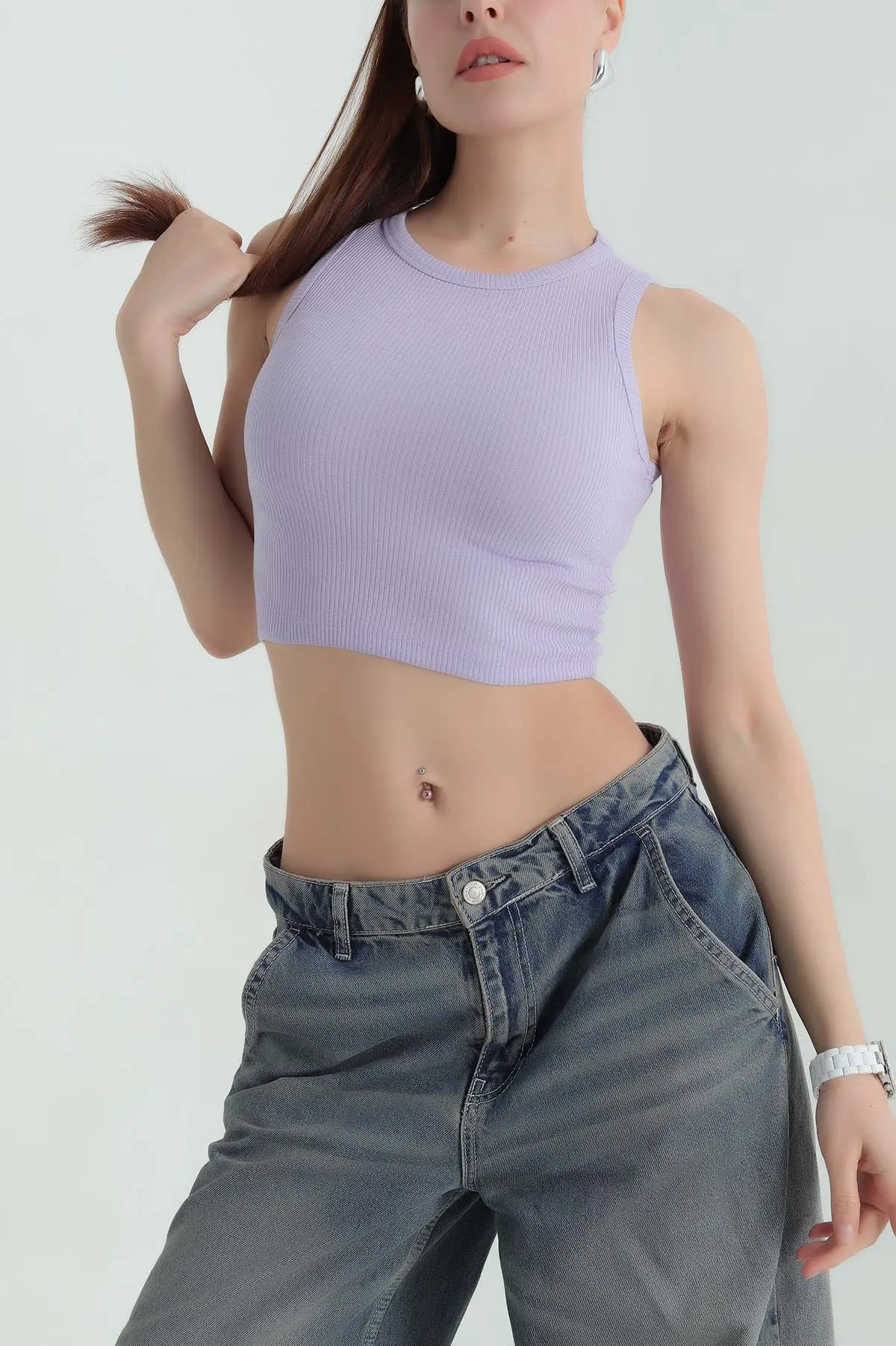Lila Bisiklet Yaka Kadın Crop Atlet 364676